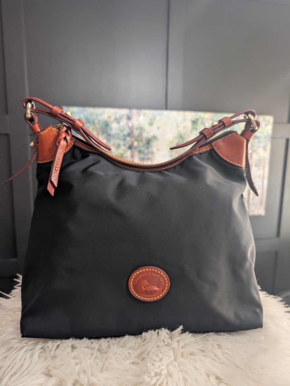 Large Dooney & Bourke Black Nylon Shoulder Bag with Brown Leather Trim